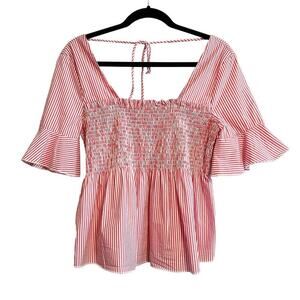 Mango MNG Red White Striped Smocked Tie Back Peplum Top Size 4